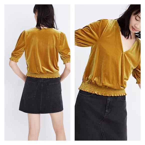 Madewell Tops - MADEWELL mustard gold velvet smocked crossover top
